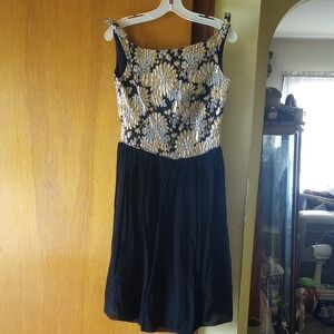 Black, Gold & Silver Metallic Floral Vintage Prom or Formal Dress